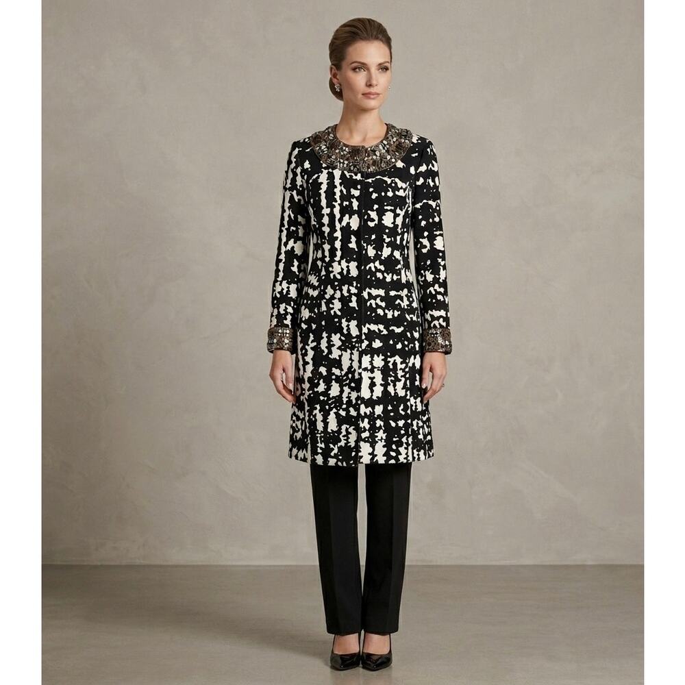 St. John Jeweled Collar Abstract Long Jacket Coat Silk Blend Black White Size 4